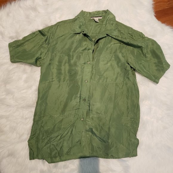 New York Studio Silk Tops New York Studio Silk Green Silk Button Down Shirt Poshmark